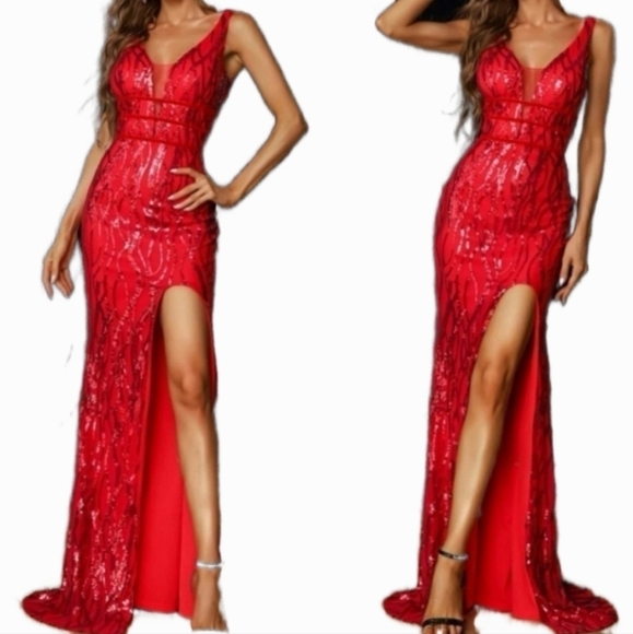 Red Tank, Slit Thigh, Sleeveless,  Contrast Sequined Maxi Gown for Speci… - Picture 2 of 15
